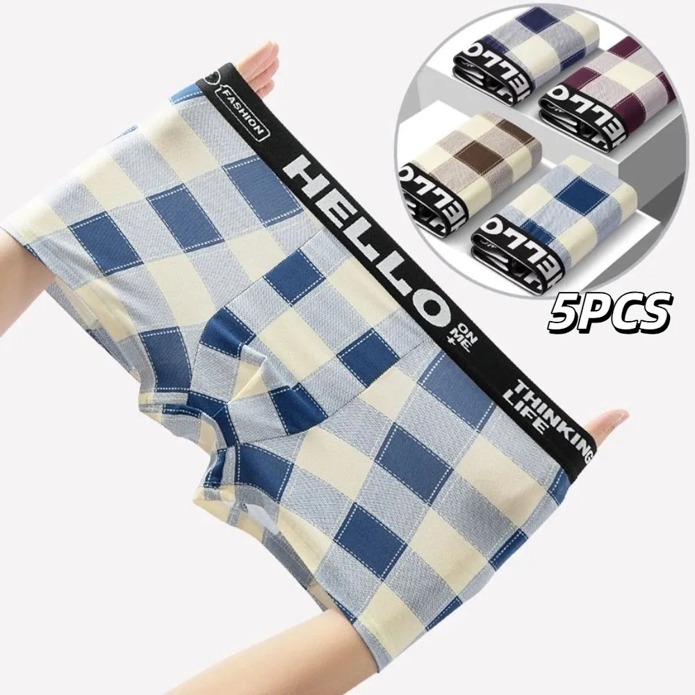 

5PCS Soft Striped Grid Men Underwear Mid-Waist Male Lingerie Boxer Shorts Plaid Breathable Seamless Panties Men
