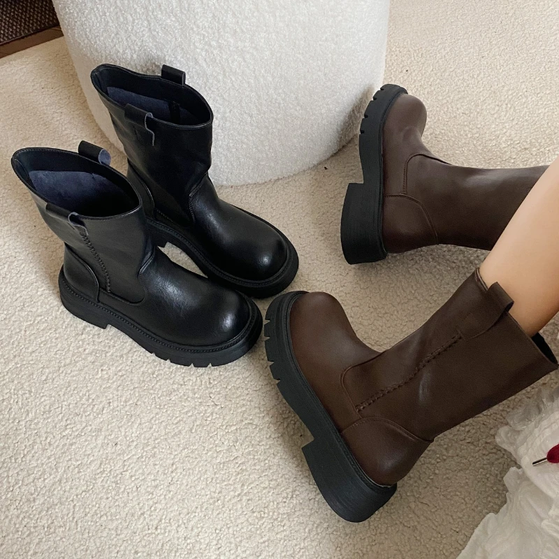 

Winter Street Style Thick Heel Women Knight Boots Fashion Slip On Party Dress Shoes Ladies Concise Leather Mid Calf Booties