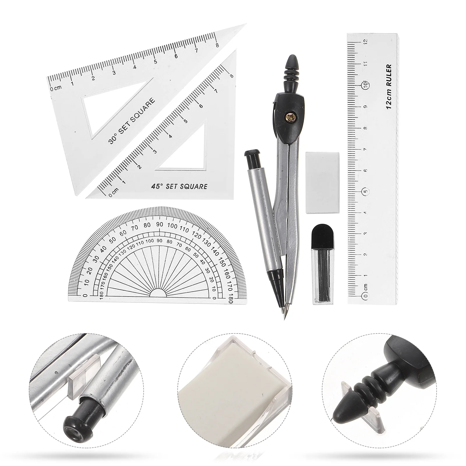 Set di bussole strumento di disegno della geometria con gomma da cancellare per matita con righello divisore goniometro