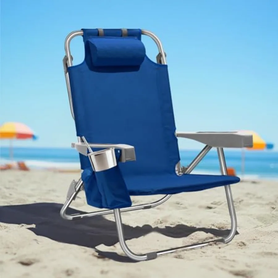 

Beach chair for adults: navy polyester, portable lay-flat reclining design with 5 positions, heavy-duty folding frame, cup hold