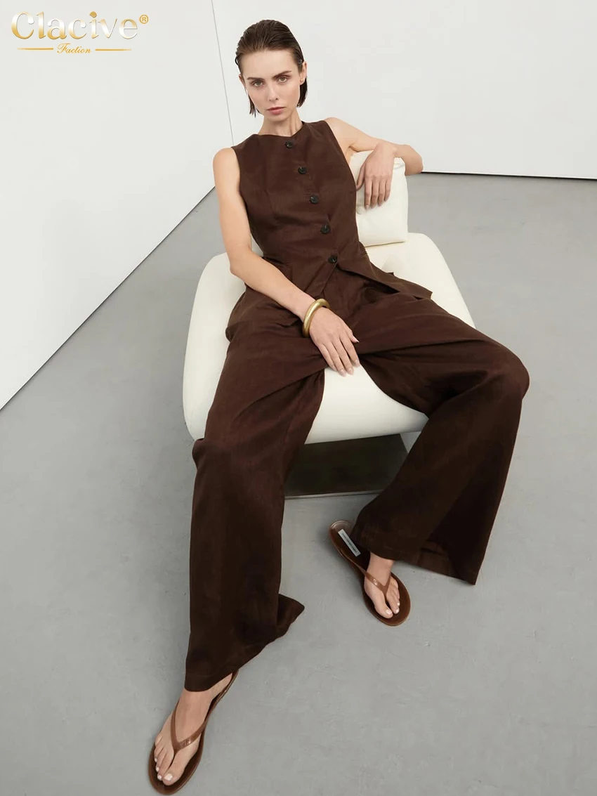 Brown Linen Pants Set: Sleeveless Tank and High Waist Wide Trousers