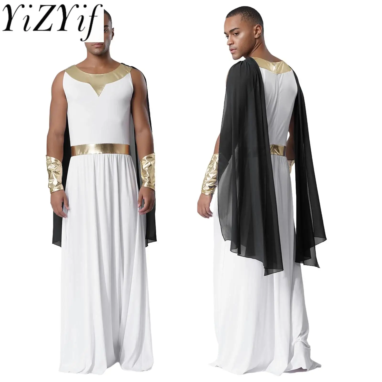 

Men Carnival Ancient Rome Prince King Toga Cosplay Dress Costume Sleeveless Shoulder Drapes with Metallic Cuffs Long Robe Suits