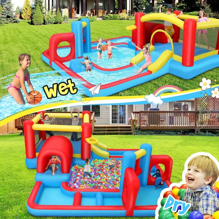 대형 물 미끄럼틀, 뒷마당용 풍선 놀이터, 대형 수영장 장애물 코스가 있는 실내외 물놀이공원
