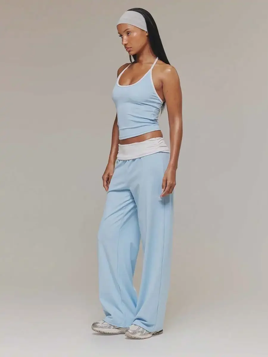 

Contrast Halter Neck Crop Top And Wide Leg Active Pants Set Aqua Blue Sportswear For Gym Pilates Workout Casual