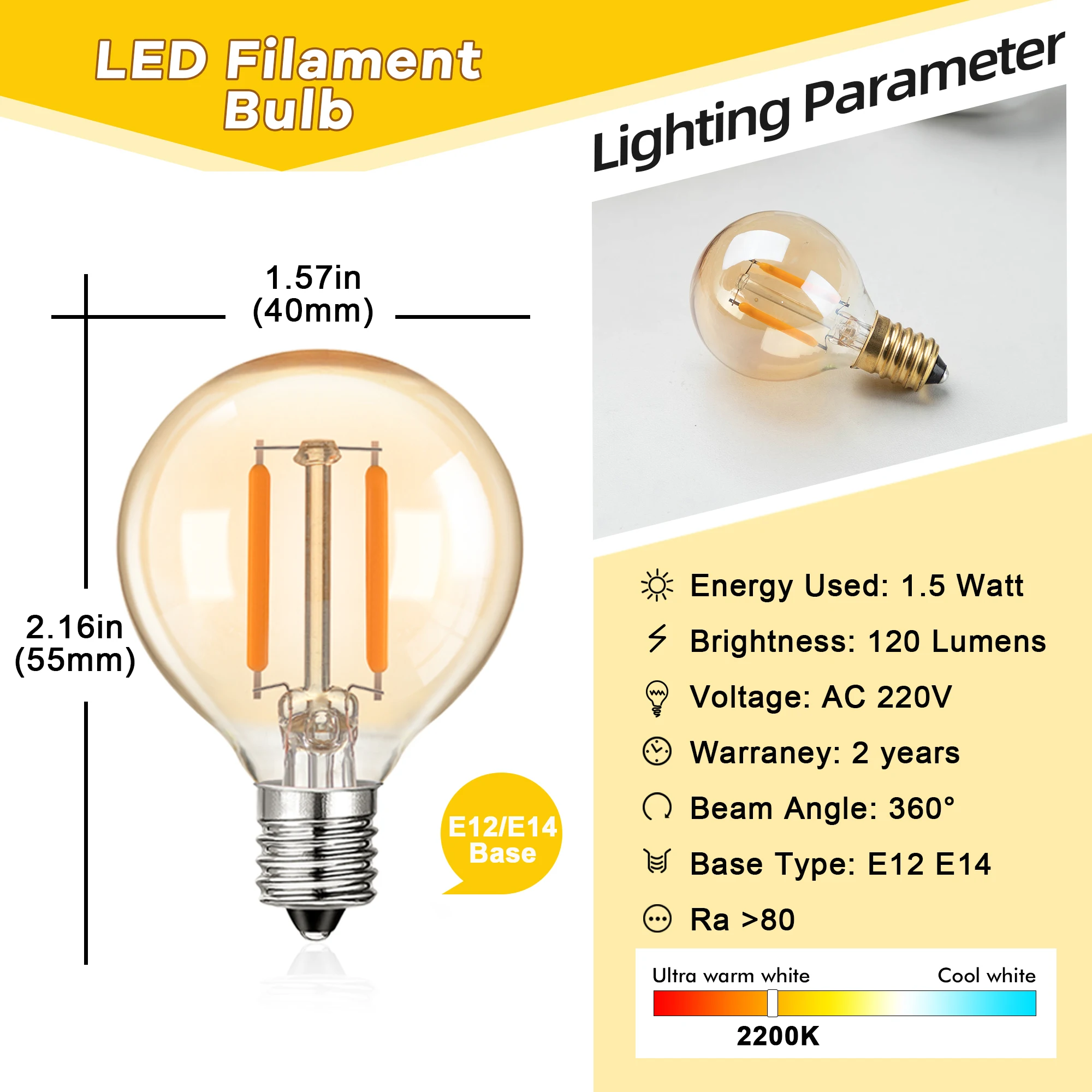 Bombillas LED de repuesto para interior y exterior, 1,5 W, G40, E12, E14, Base 220V, globo Vintage, vidrio tintado dorado, Bombilla regulable