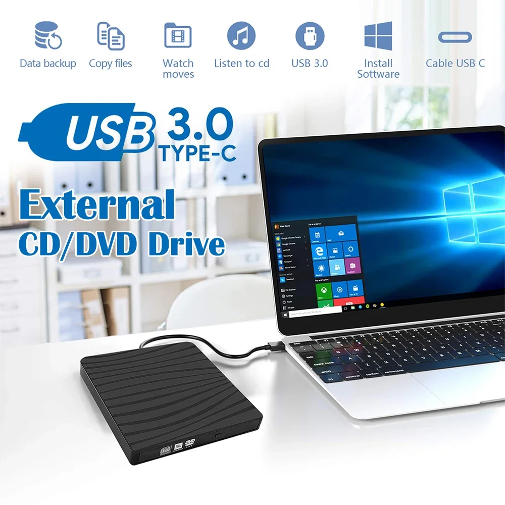 External CD/DVD Drive USB3.0 Type-C CD/DVD Player Plug and Play Portable CD DVD Burner RW DVD CD Writer Drive for Laptop Desktop