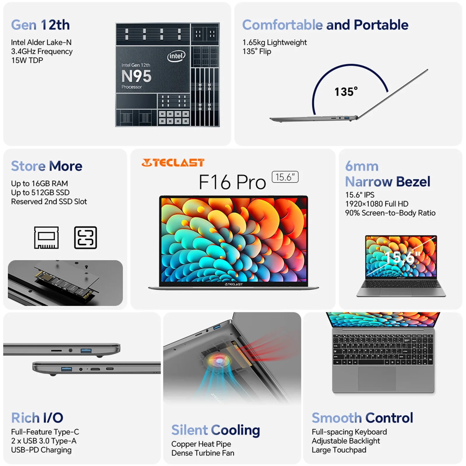 TECLAST F16Pro Laptop 15.6 inch, 16GB RAM 512GB SSD Computers, for Intel N95 CPU, IPS FHD 1080P Screen, WiFi 6, BT 5.0, USB3.2, Backlit Keyboard,