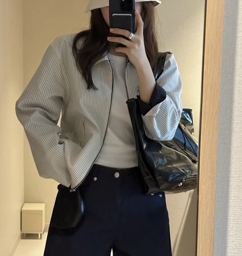 Double-Sided Wear Striped Jaet Long Sve Turn-down Collar Organic Cotton Commute Sle Loose Fit Regular Sve Length