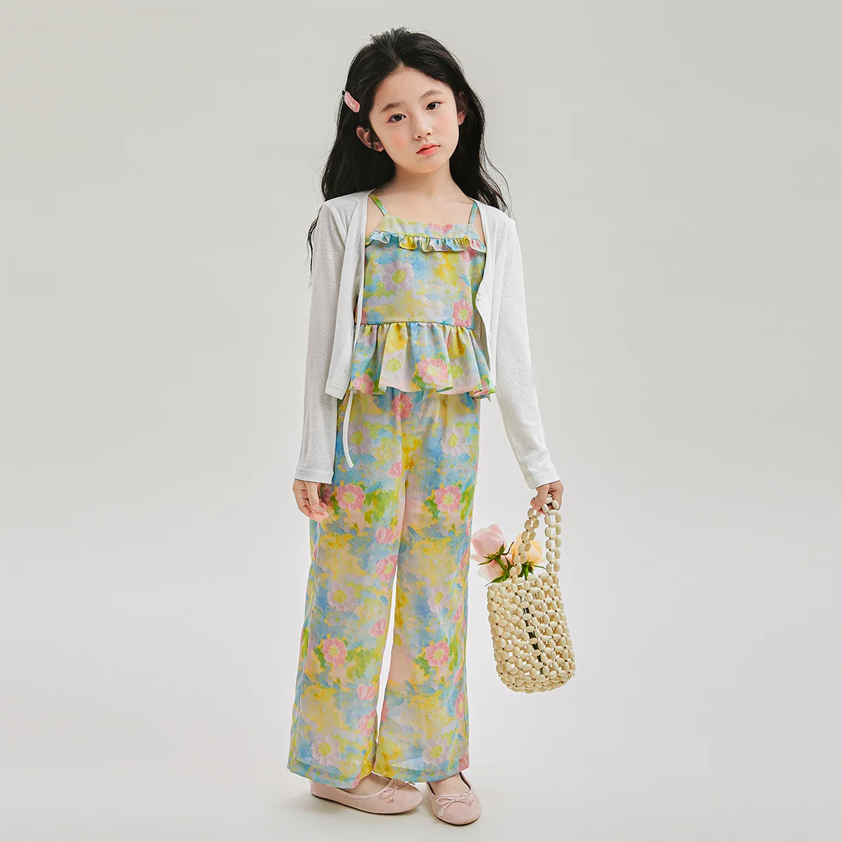 2024 Korean Summer School Girl Clothing Set Teenager Girl Flower Printed Sling Tops+Wide-leg Pants Kids Girl 2PCS Clothes Set