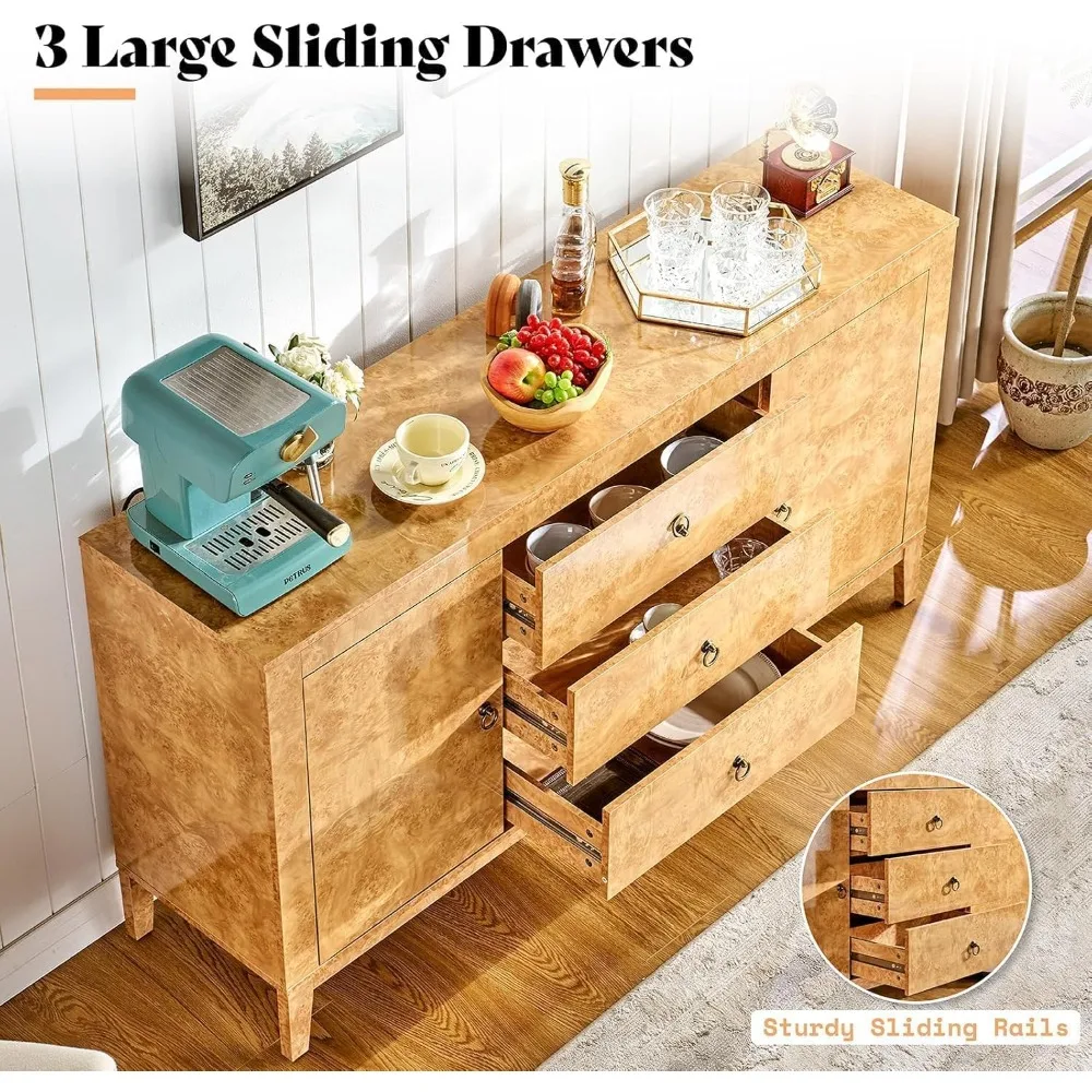 خزانة تخزين جانبية لبوفيه عالي اللمعان مقاس 60 بوصة، وخزانة جانبية خشبية كبيرة مع أدراج، ومقابض قديمة. وطاولة بوفيه بار النبيذ