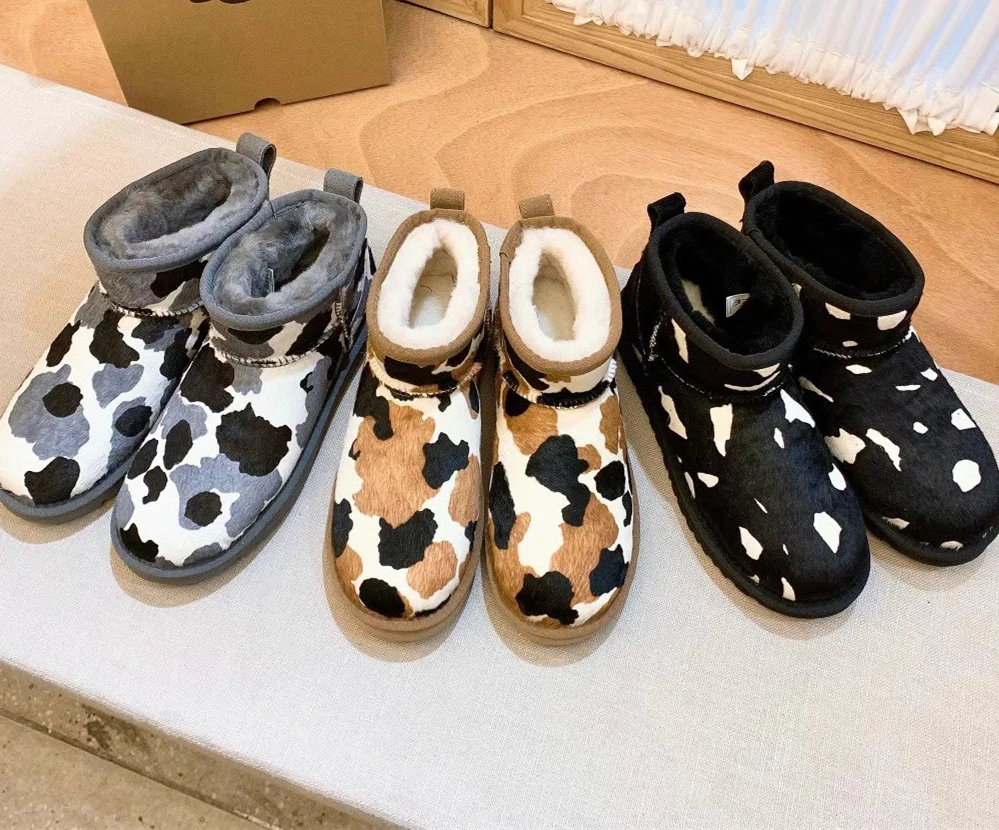 2021 winter new milk Cow patterned Outdoor waterproof warm sheepskin snow boots for women and kids