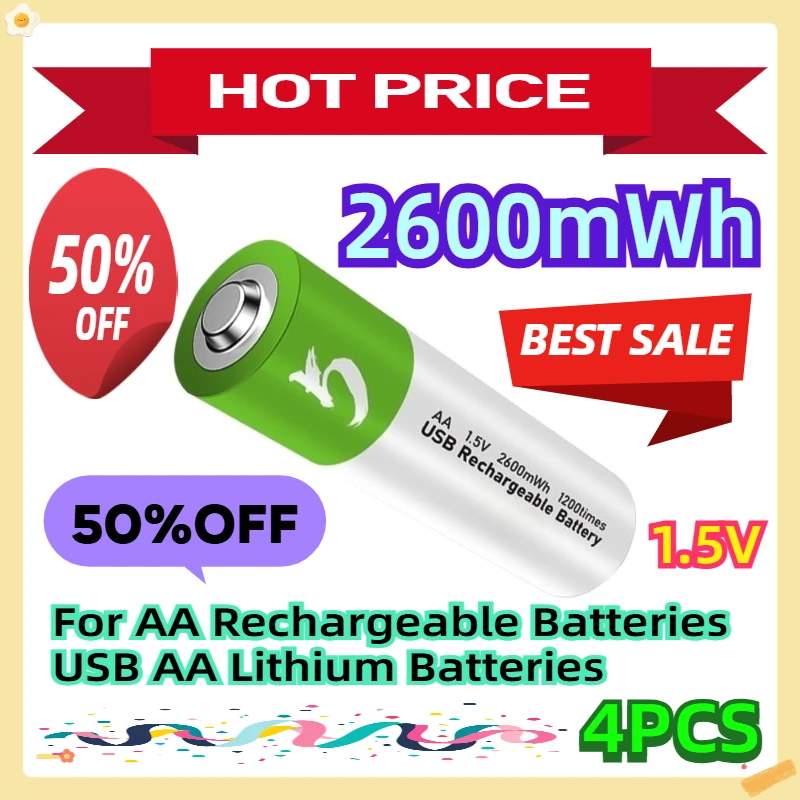 

For AA Rechargeable Batteries 1.5V 2600mWh USB AA Lithium Batteries 4pcs