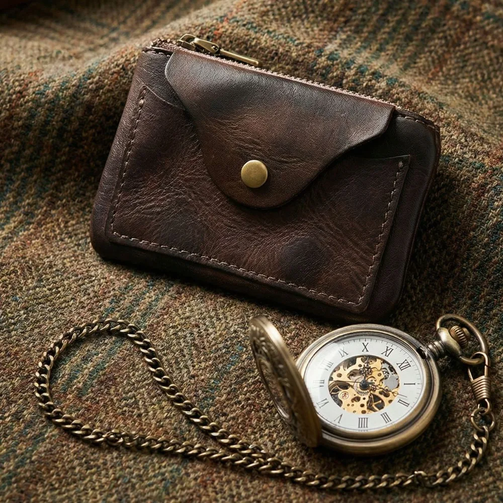 

Portable Vintage Leather Wallet Zipper Snap Closure Small Coin Purse Solid Color Credit Card Holder Men's Accessories