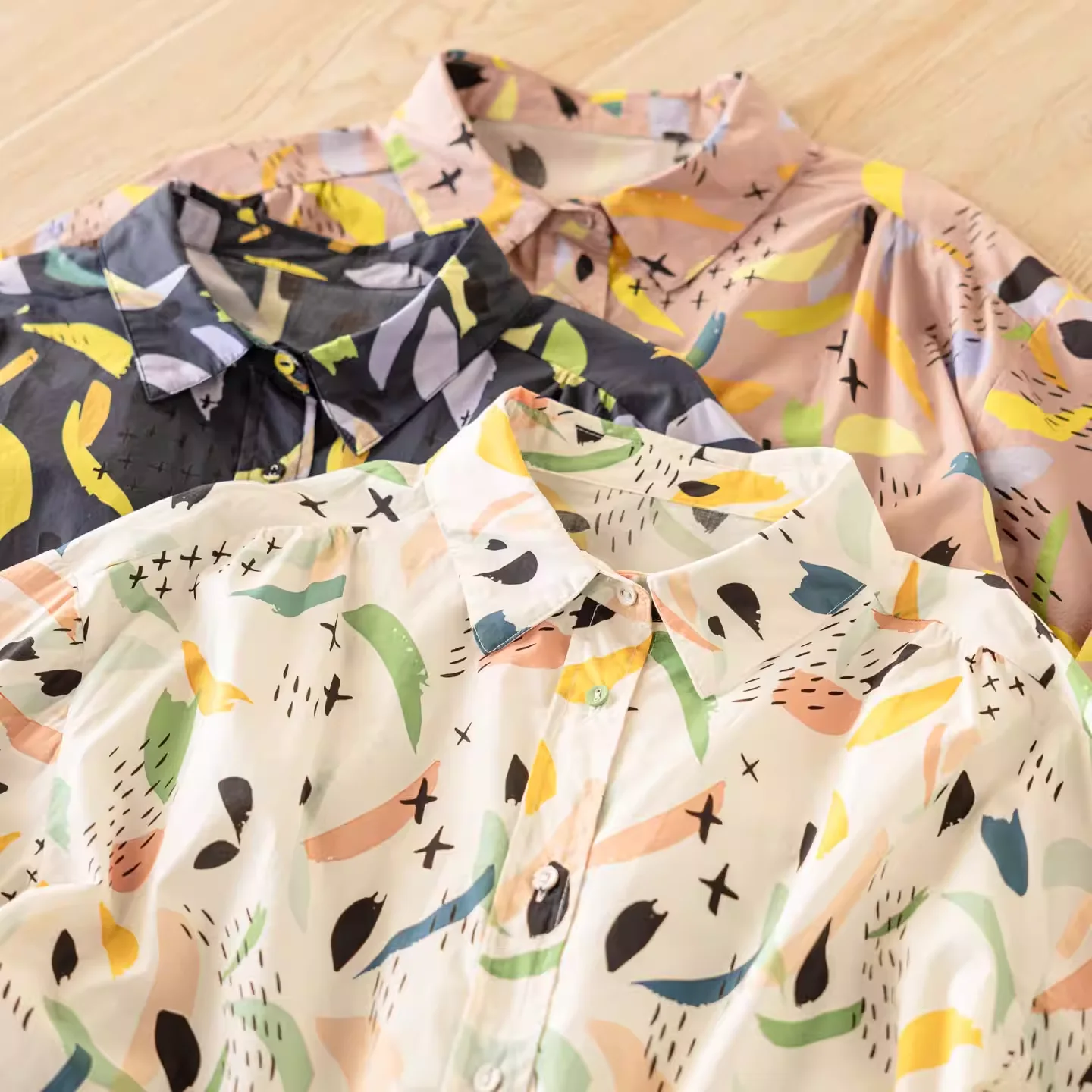 

2026 Original luxury brand clothing woman spring 100% cotton pink white navy blue leaves bird print shirt long sleeve blouses
