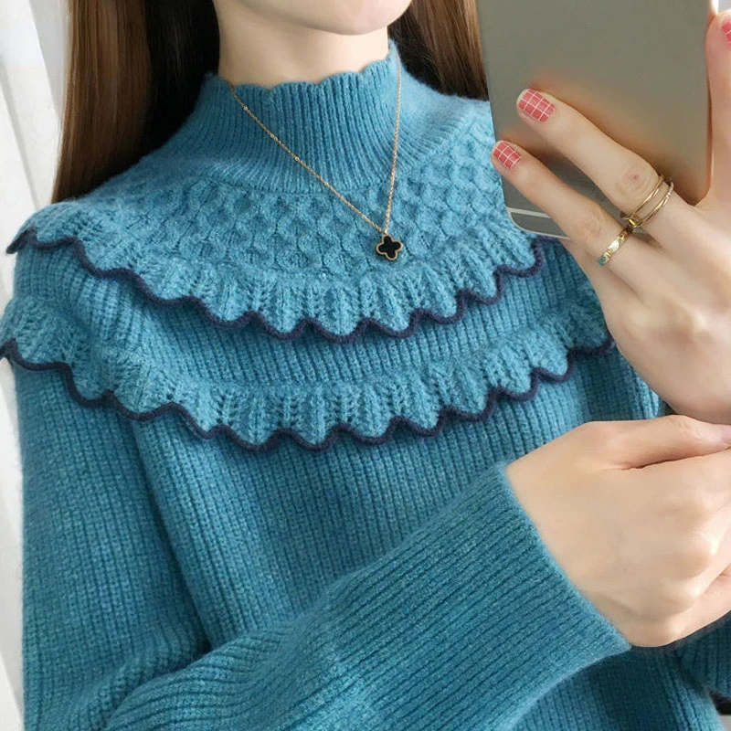 

Autumn Winter Ruffles Spliced Fashion Sweaters for Women Elegant All-match Half High Collar Thick Female Clothing N349