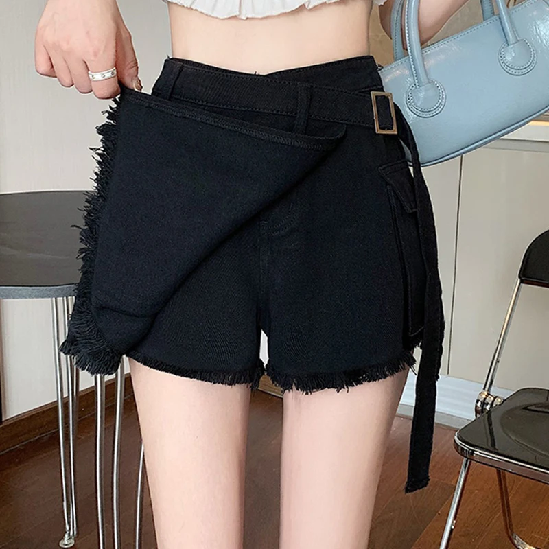 Solid color  denim shorts for female students, new summer high waisted slim irregular design, A-line skirt pants trendy