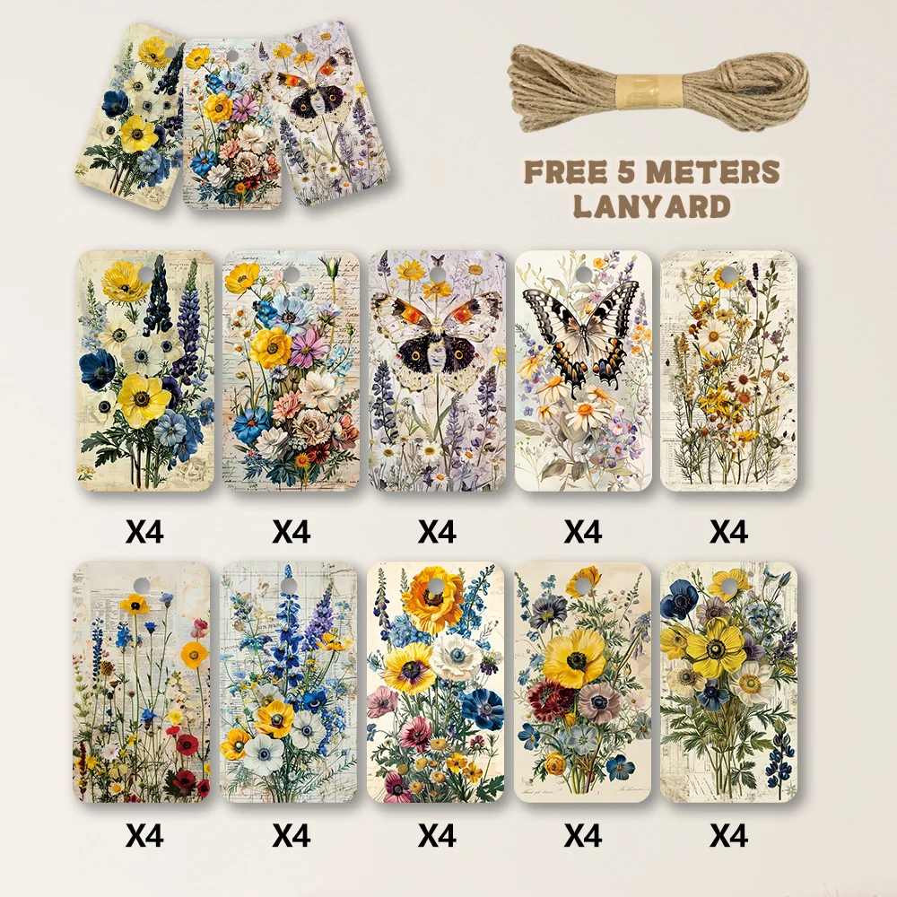 40pcs, Gift Tags, Vintage European Herb Floral, Hanging Paper Labels for Gift Wrapping, Holiday Party Decor with String