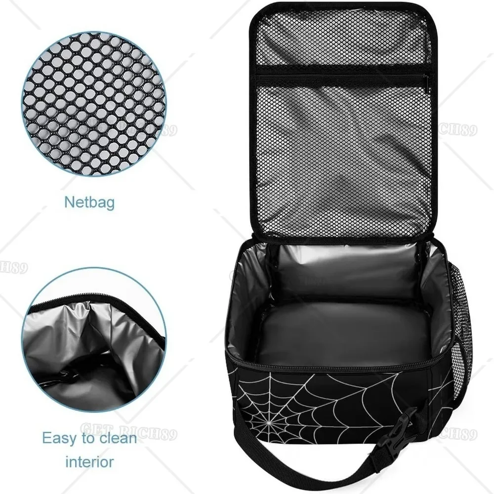 Goth Spider Web Reusable Portable Lunch Bag Cooler Lunch Box Tote Bag with Pocket for Women Men Kids School Office Picnic Travel