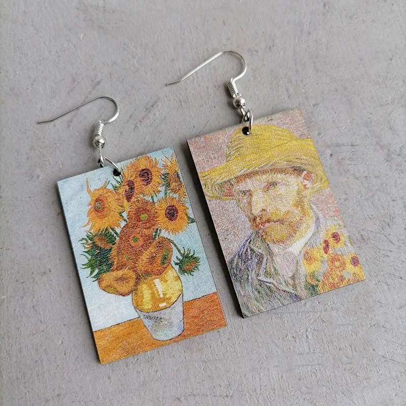 Hot Van Gogh Personality Earrings Art Asymmetric Pattern Earring Artist Oil Painting Starry Night Sunflower Bohemia Wood Ear Rin