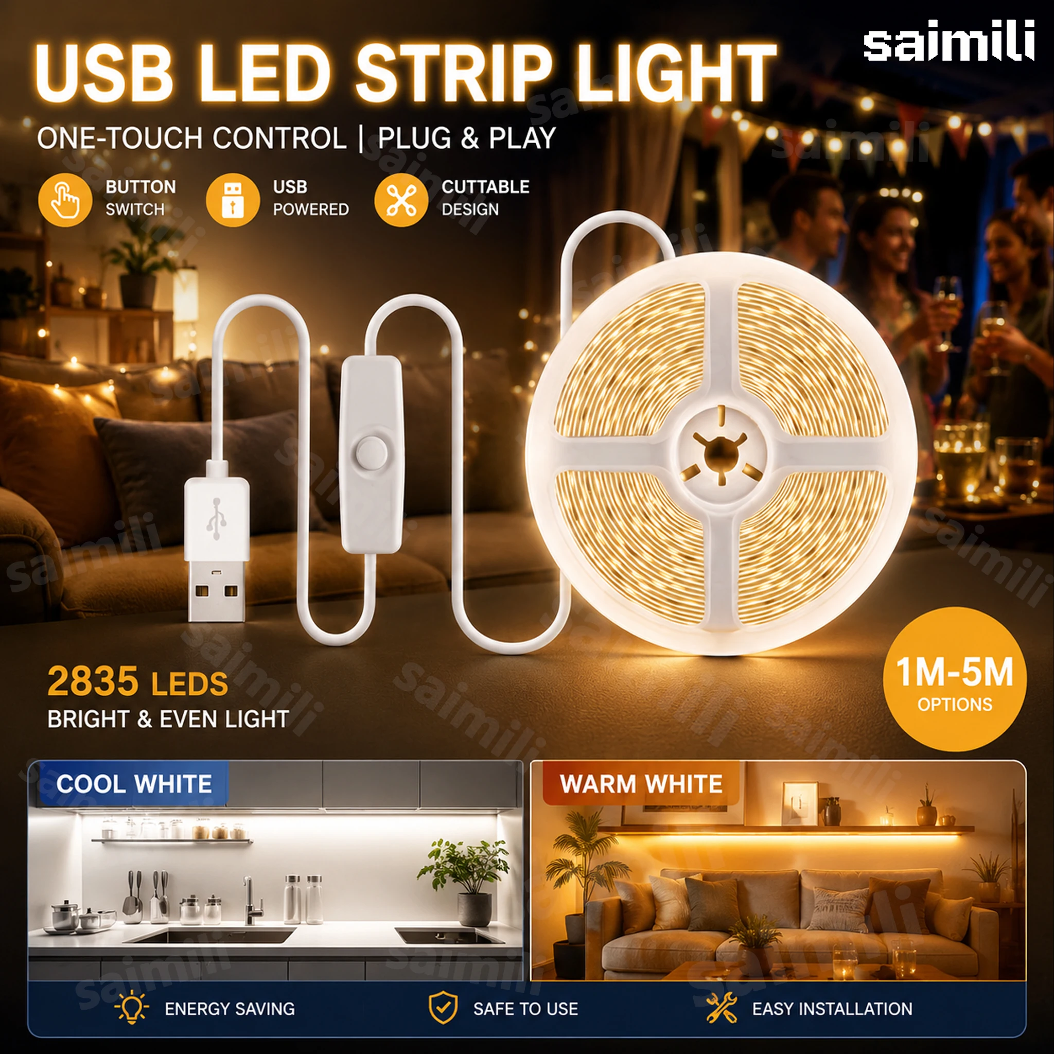 1-5m 5V LED Strip Lights 2835 USB 60 LEDs/m TV Backlight Flexible Lighting Ribbon Tape for Bedroom Wardrobe DIY Decoration Light