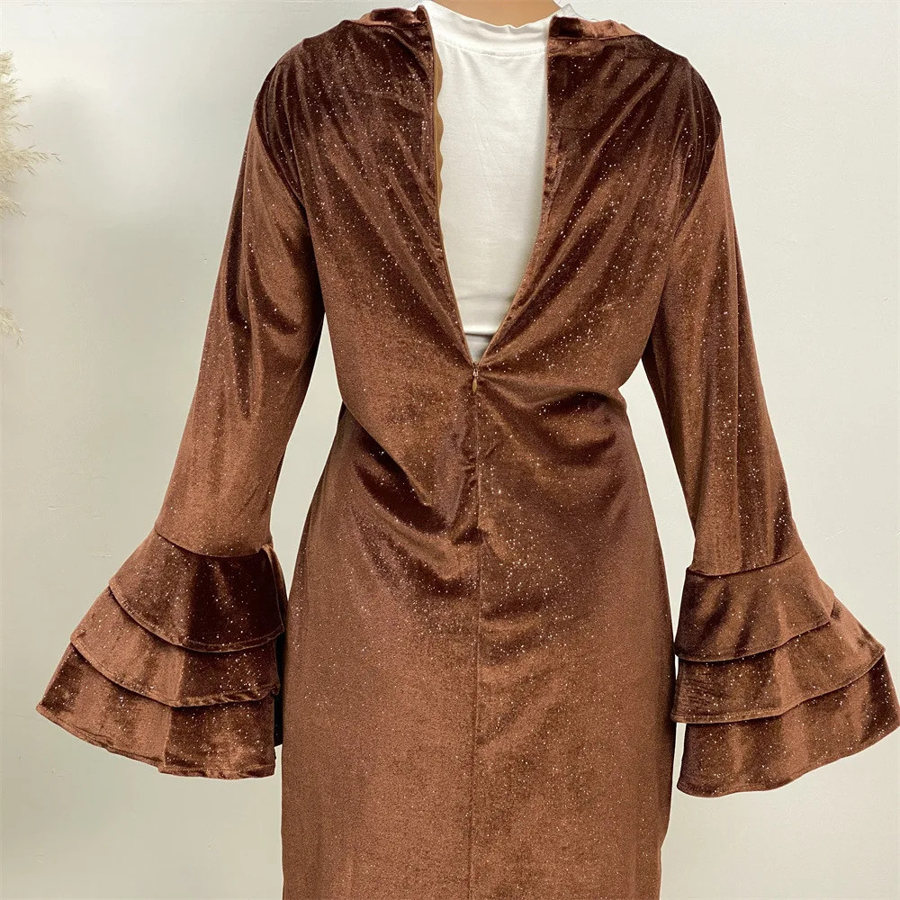 Fashion autumn and winter new item thickened gold velvet trumpet sleeve clean color shiny dress Abaya 6201