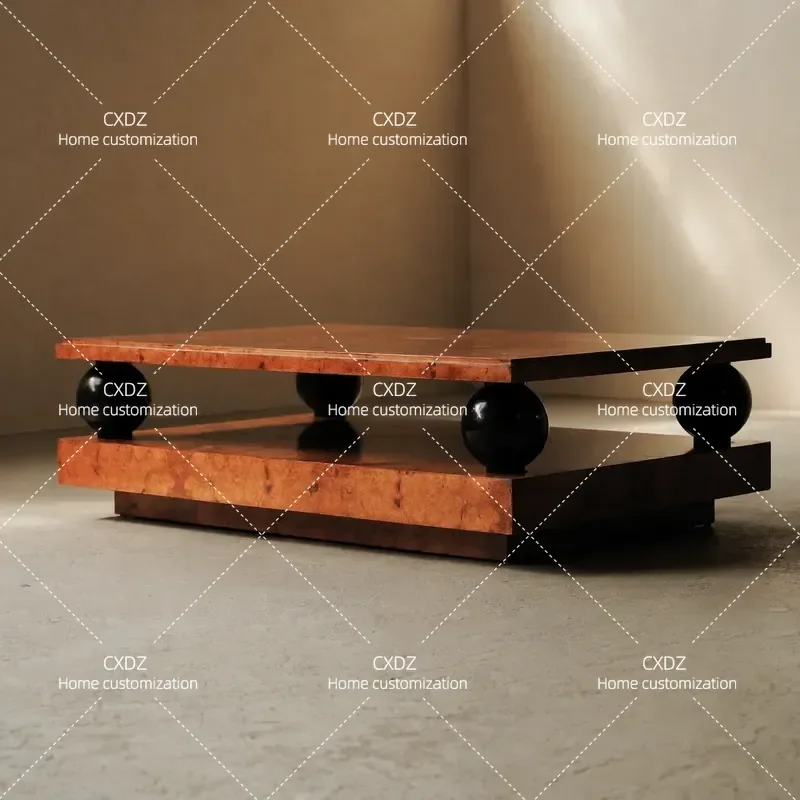 Medieval Style Solid Wood Coffee Table with Spherical Support Retro Striped Design Living Room Furniture Tea Table