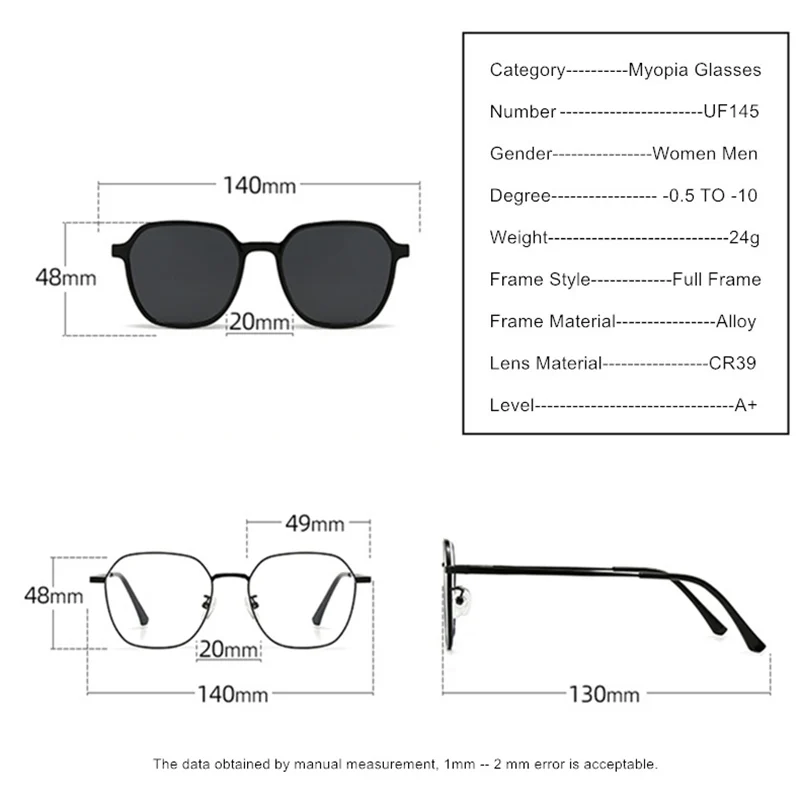 Prescription Custom 3 In 1 Multipurpose Myopia Glasses -0.5 to -10 And Magnet Polarized Sunglasses Clips Men Women Fashion UF145