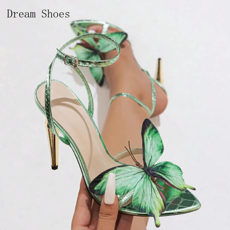 

Банкетные модные женские туфли на высоком каблуке-бабочке, дизайнерские летние сандалии на тонком каблуке с гальваническим покрытием для платья