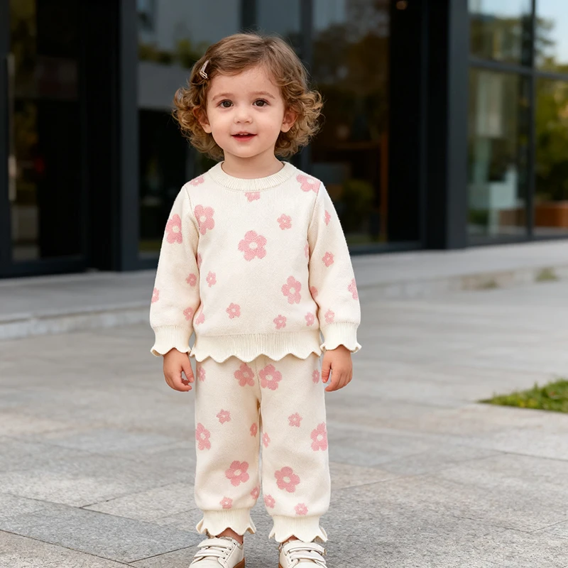 2026 ربيع جديد ملابس الأطفال مجموعة الوليد طفلة محبوك الملابس دعوى طويلة الأكمام محبوك بلوفر مطبوع قميص + السراويل