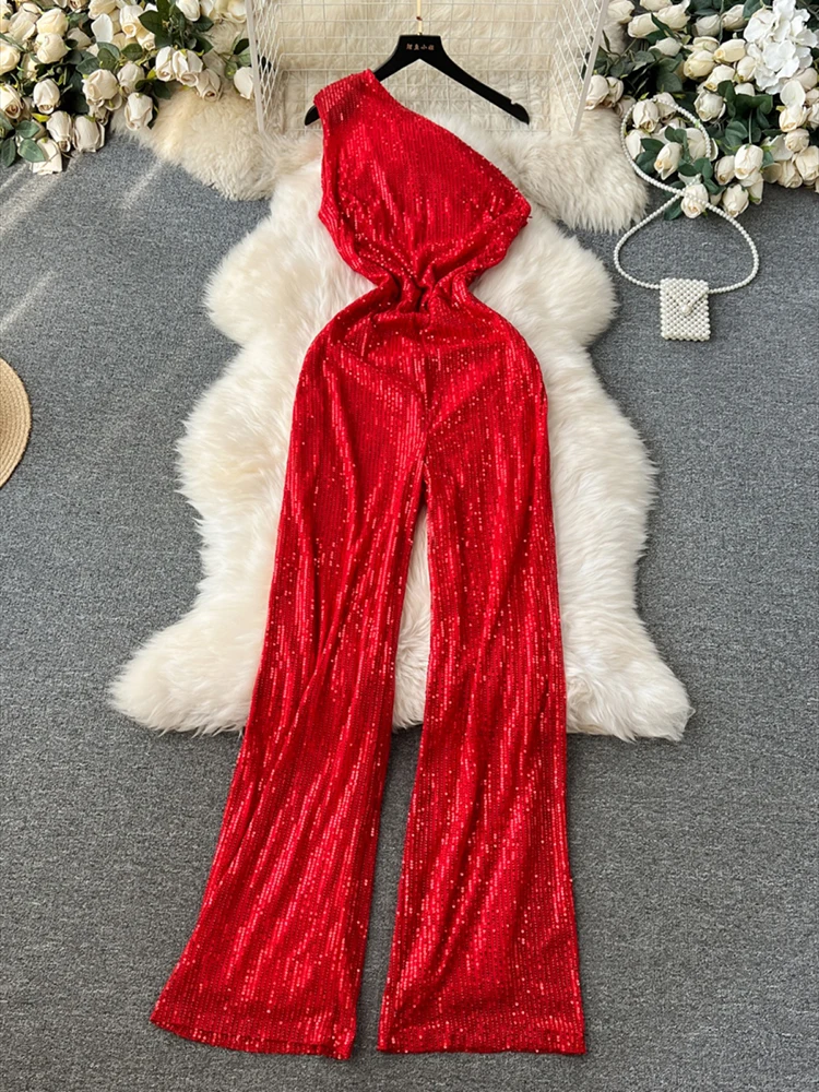 

American Retro Sequin Jumpsuit Diagonal Collar Solid Long Wide Legs Pants Romper Elegant Backless Sexy Party Jumpsuits