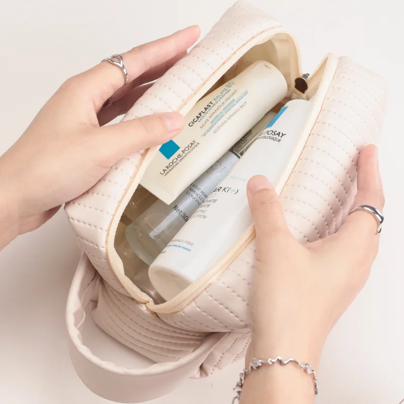 Bolsa de cosméticos portátil de cuero para mujer, organizador de lavado de gran capacidad, bolsa de almacenamiento de productos para el cuidado de la piel, viaje