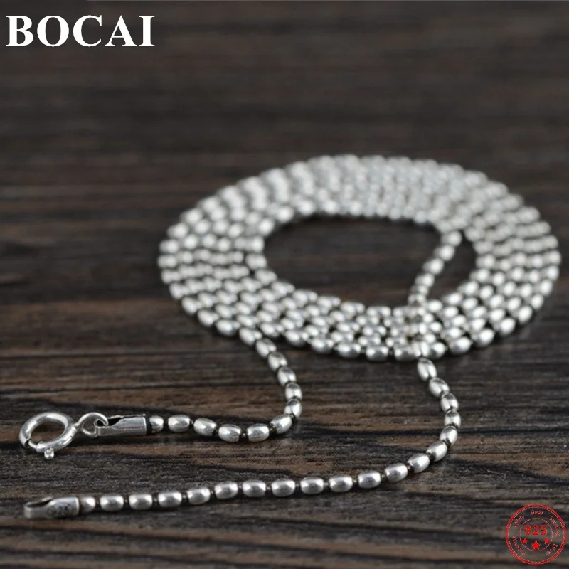 

BOCAI S925 Sterling Silver Charm Necklace for Men Women 1.2mm Oval Beads-chain Pure Argentum Neck Jewelry Women's Lover's Gift