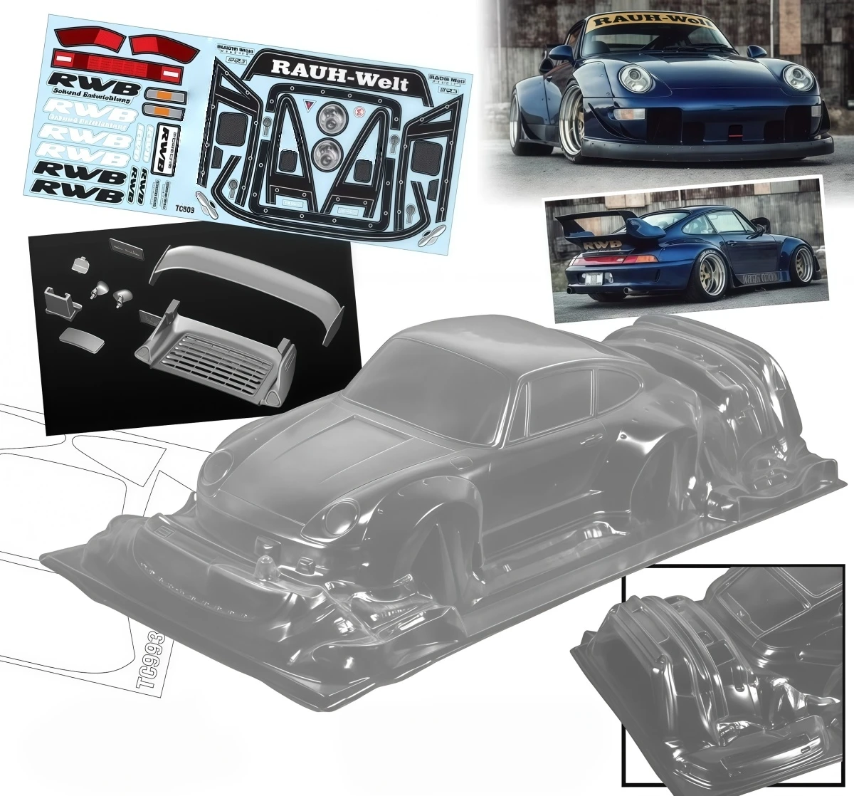 Team‑C TC993 Wide Body Shell RWB 993 Clear PC Body Shell For MST Yokomo Tamiya TT02 1/10 RC Drift Car Upgrade Parts