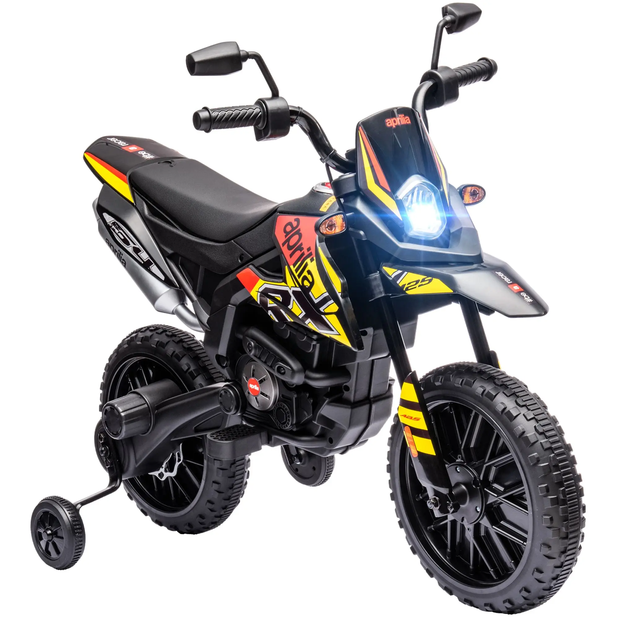 Motocykl dziecięcy Qaba 12 V, licencjonowany motocykl elektryczny Aprilia dla dzieci z kołami treningowymi, zawieszenie sprężynowe, światło LED, USB,