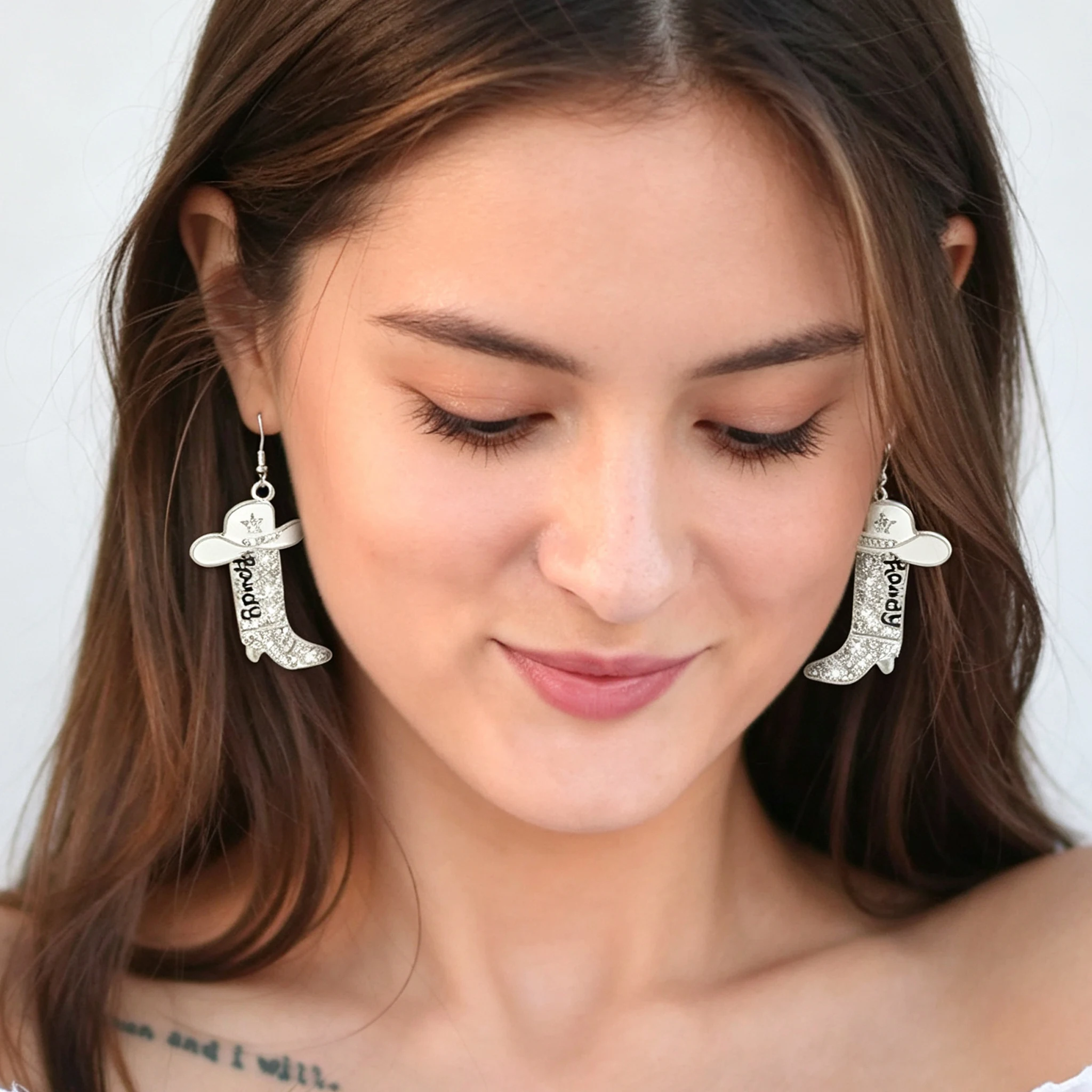 Women Rhinestone Western Boots Stainless Steel Hook Earrings Cowgirl Cowboy Enamel Hat Bohemian Rodeo Boot Drop Dangle Earrings
