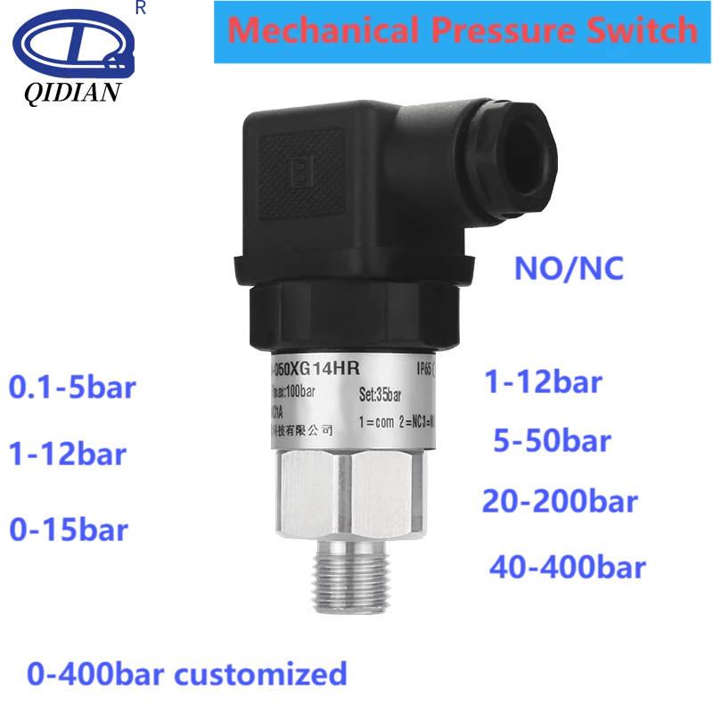 Mechanical Pressure Switch 20-200bar 100bar 1-12bar 5-50bar Stainless Steel Piston Type Water Pump Air Oil Pressure Control