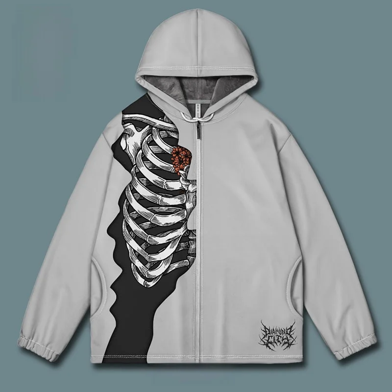 Loween Undng squelette créatif 3D côtes Illustration surdimensionné ouvert Cardigan sweat ex Streetwear Polyester Spandex