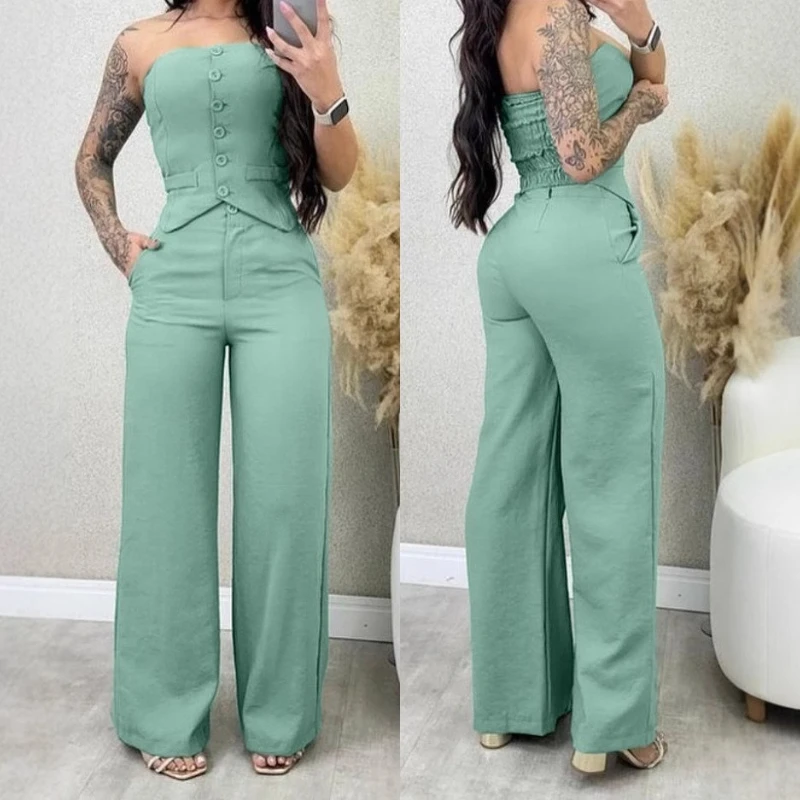 

Two Piece Set Women Outfit 2025 Summer New Fashion Sexy Bandeau Button Decor Sleeveless Vest Top & Casual Wide Leg Pants Set