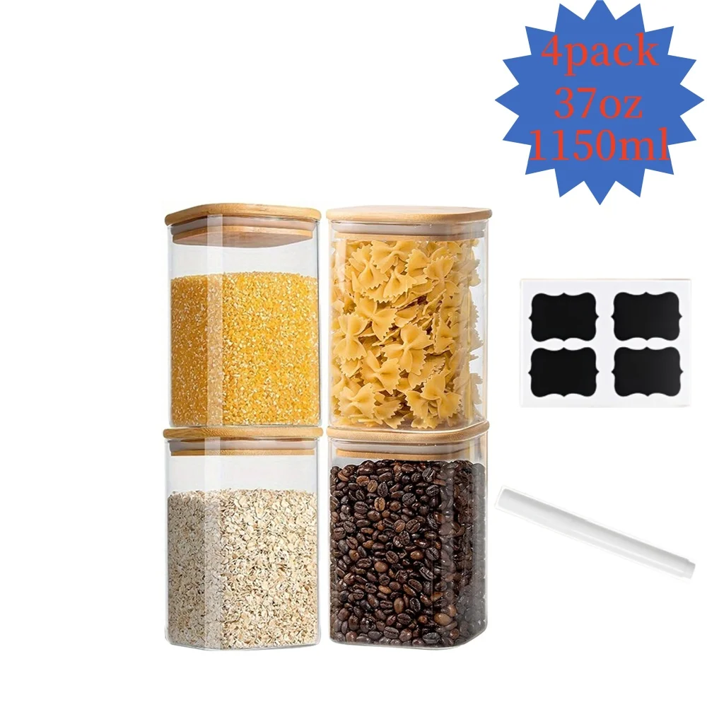 

Квадратная стеклянная банка объемом 37 унций, контейнер для хранения продуктов на кухне, контейнер для хранения продуктов с крышкой, банка для кофе, банка для печенья, в комплекте водонепроницаемые этикетки + белый маркер, набор из 2/4 упаковок стеклянных