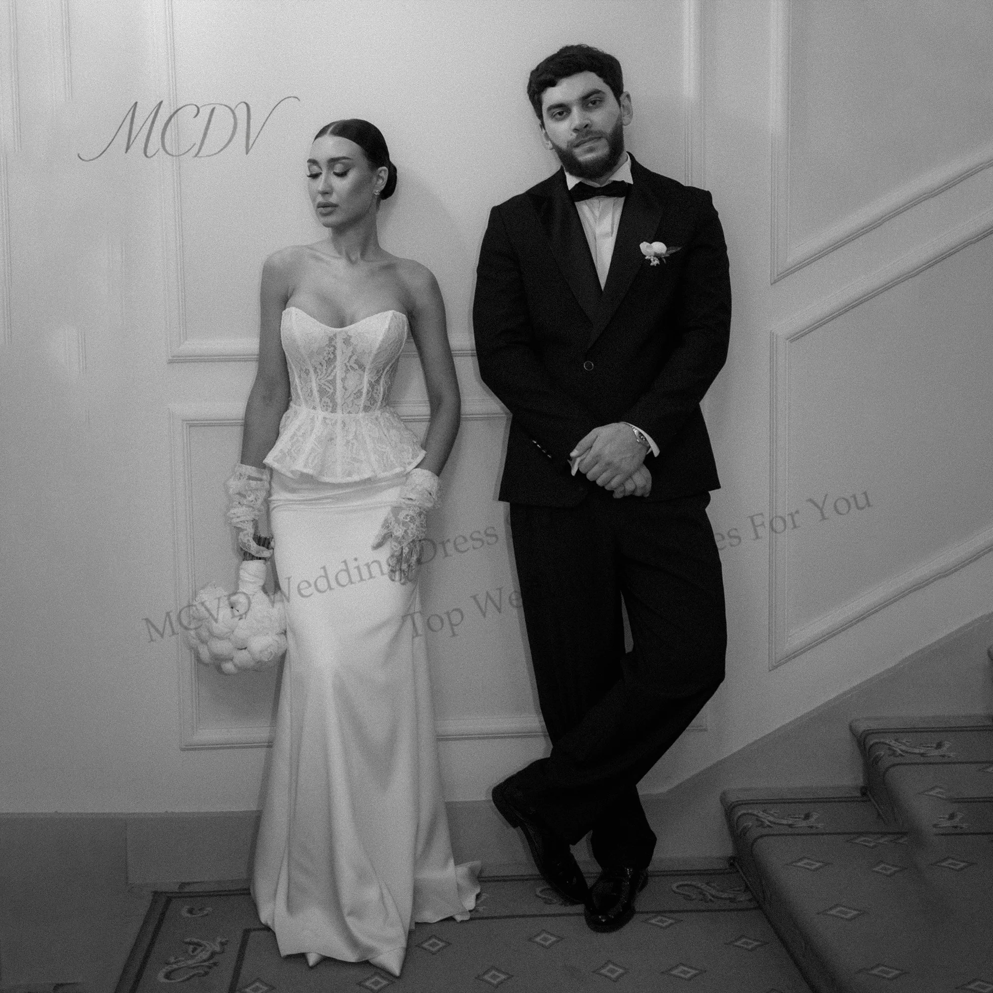Strapless Lace Peplum Wedding Dress Corset Mermaid 2 Pieces Bridal Gown Civil Elopement Reception Bride Dress Customized