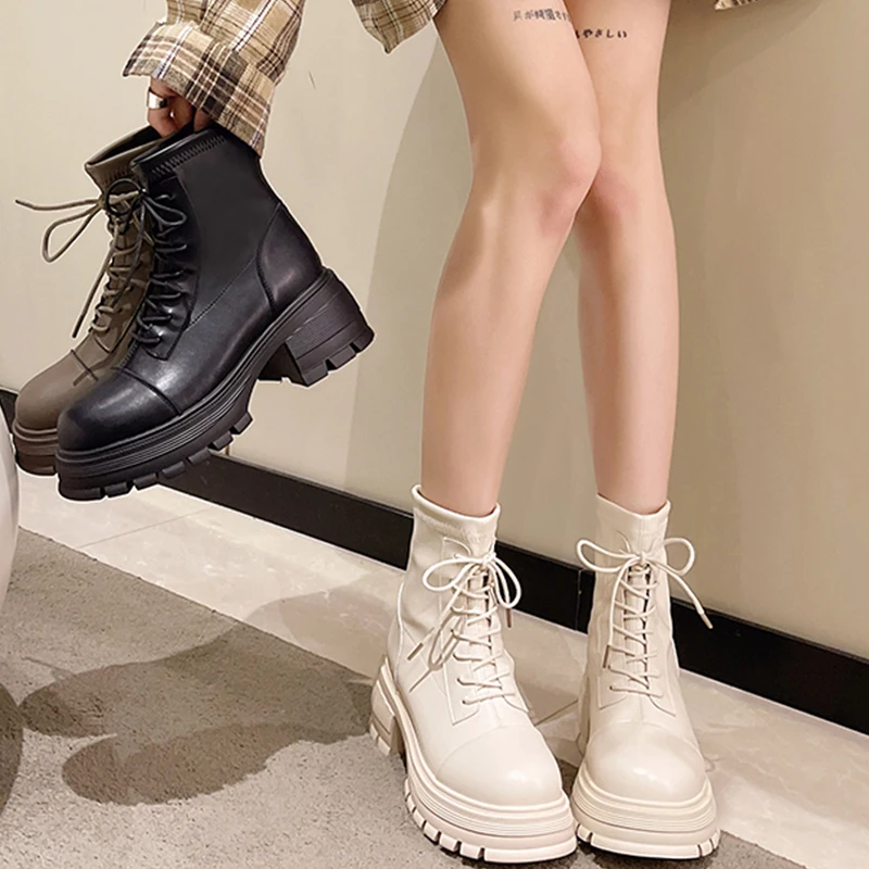 Platform datar sepatu bot pergelangan kaki sepatu wanita 2024 baru musim dingin wanita Chelsea sepatu Fashion kasual sepatu Lace-Up ritsleting Chaussures Femme