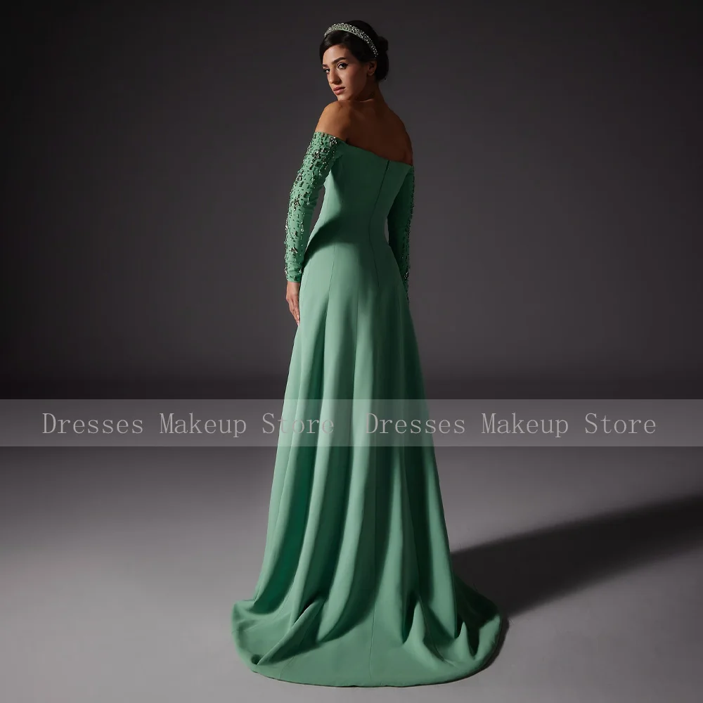 Luxury Evening Dress Mint Green Crystals Off the Shoulder A Line Women\'s Evening Gowns Long Sleeves Elegant Wedding Party Dress