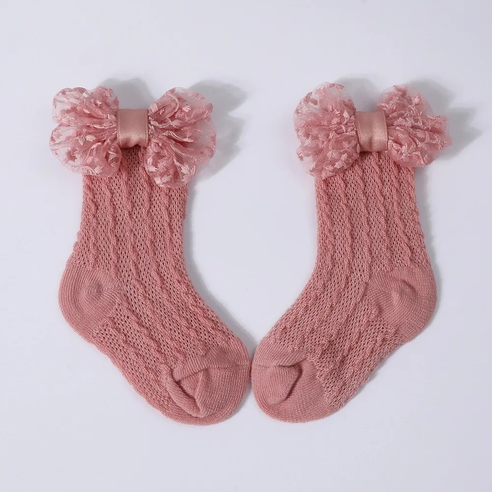 2PCS/Set Solid Color Headband Socks Hollow Out Elastic Lace Bow Socks Lace Bow Breathable Knit Socks Set 3-12M Newborn Girl