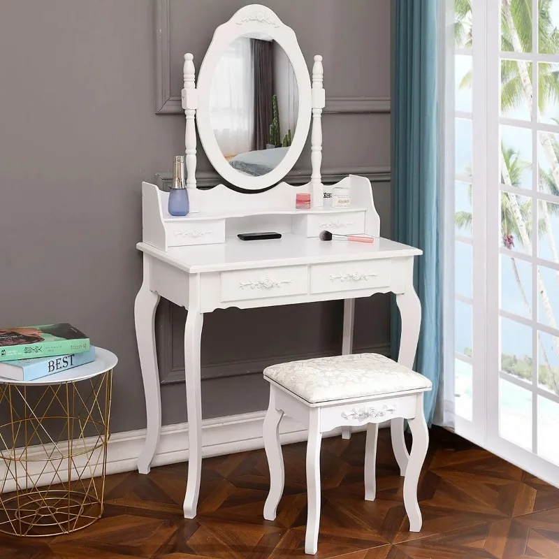 

Elegance White Dressing Table Vanity Table and Stool Set Wood Makeup Desk with 4 Drawers & Mirror