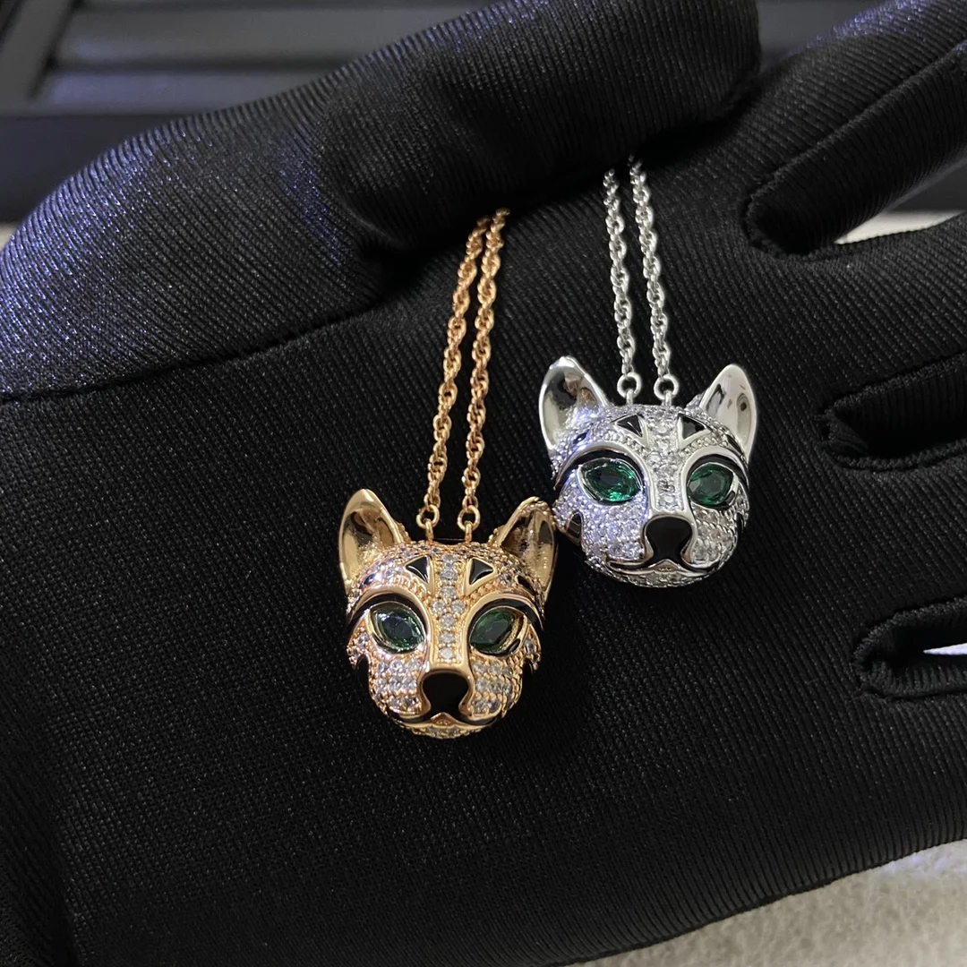 High Quality AAA Zircon Green Eyes Leopard Head Cats Necklace For Women Luxury Fine Jewelry