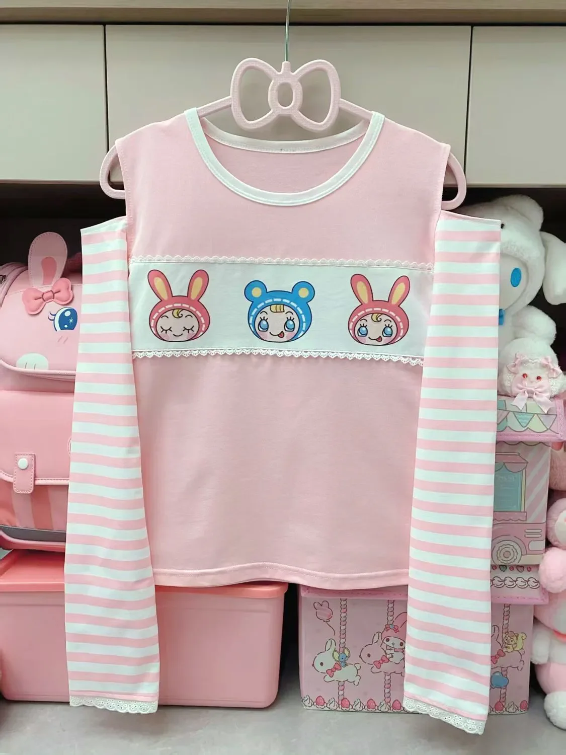 Japanese Cartoon Mp Printed Jojifuku Sweet Pink Off-shoulder Long-sleeved T-shirt Spring Summer New Lace Edges Graphic T Shirts