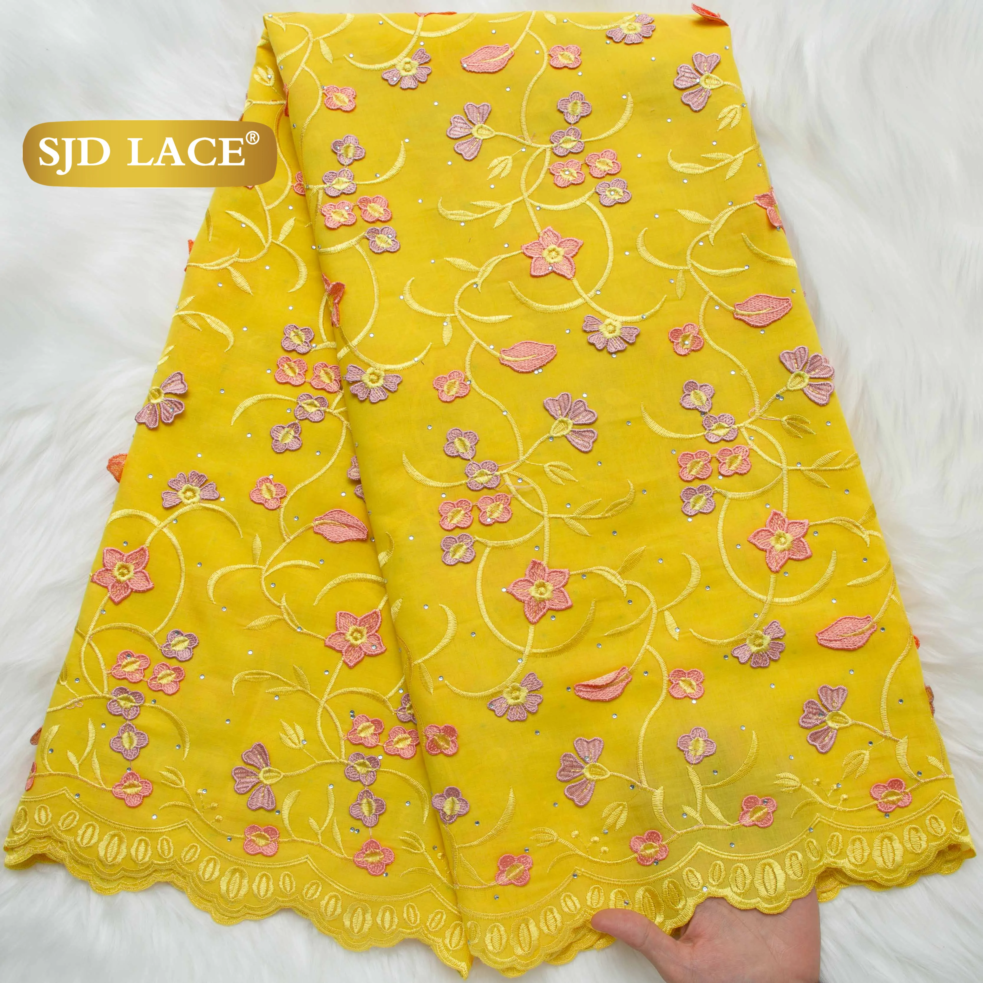 SJD LACE Cotton Lace Fabric Nigerian Embroidery Voile Lace High Quality 2025 Dubai Stones Cotton Lace for Women Party Dress 4040