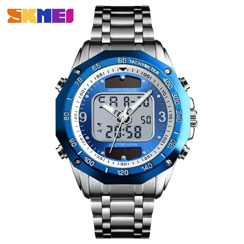 NEW   Fashionable Solar Multifunction Steel Band Men\'s Watch Business Electronics Dual Movement Men\'s Watch