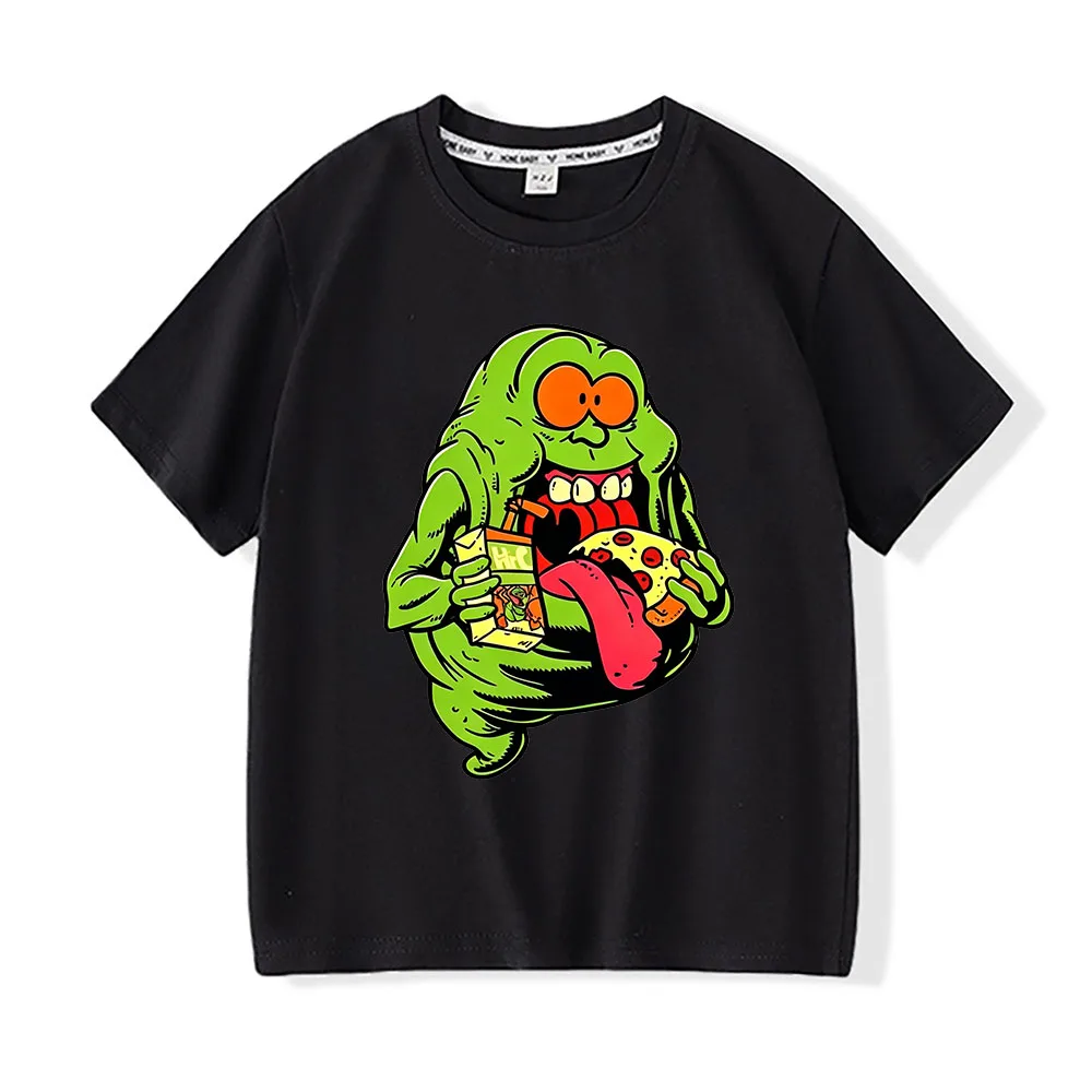 Ghostbusters Children's T-shirts 100%Cotton Slimer Eats Pizza Funny Cartoon Print Short Sleeve Boys Girls Tee Casual Tops Summer