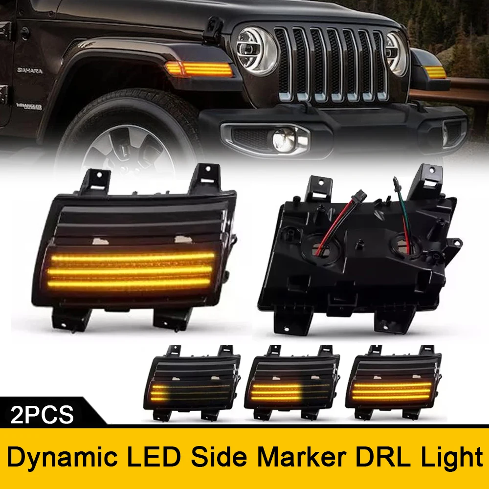 

2Pcs Dynamic Amber LED Side Marker Lights White DRL for Jeep Wrangler JL 2018-2021 Front Bumper Fender Indicator Repeat Blinker